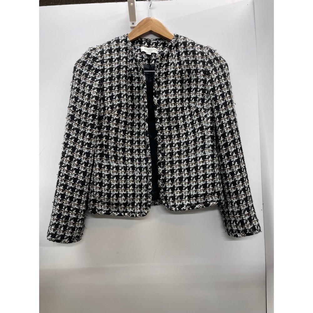 Ann Taylor Factory Petites Houndstooth Tweed Jacket Black Brown Blue 2P Blazer